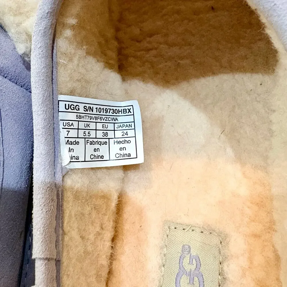 UGG Women’s Suede Shearling Slide Sandals Purple Cream Size 7 EUC Small Spots